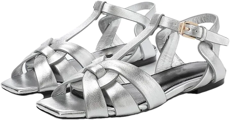 Womens Buckle Strap Front Rear Strap Flat Heel Open Side Vamp Modern Sandals Leather Summer Sandals