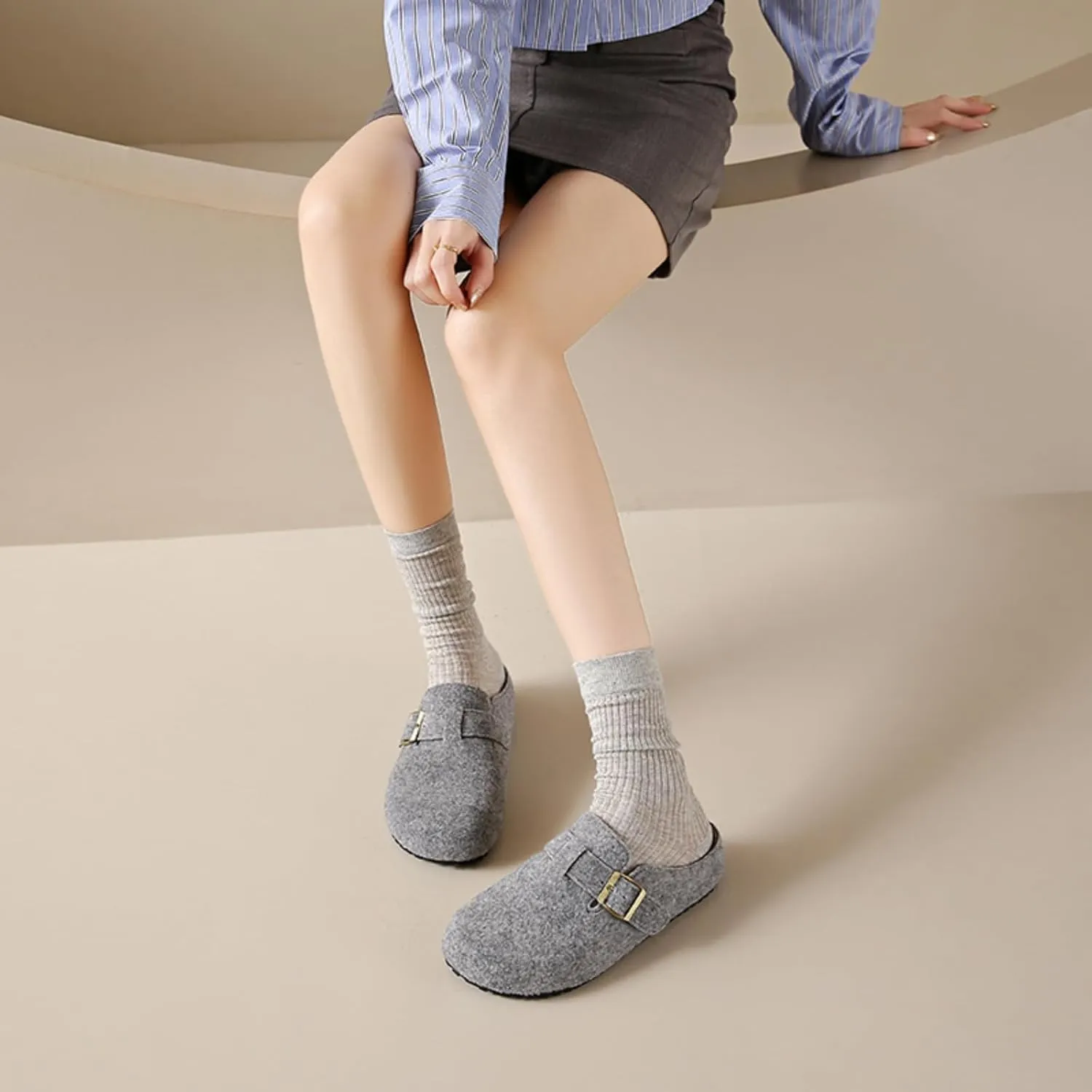 Womens Clogs - Full Grain Genuine Leather Memory Foam Slippers for Women Arch Support Womens Slippers - Non Slip Clogs for Women Cork Footbed - Women's Mules (Grey,7.5)