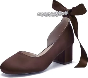 Women's Closed Round Toe Low Chunky Heels Pearls Block Pumps Ankle Strap Wedding Business Dressy Shoes