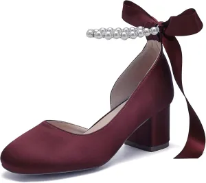 Women's Closed Round Toe Low Chunky Heels Pearls Block Pumps Ankle Strap Wedding Business Dressy Shoes