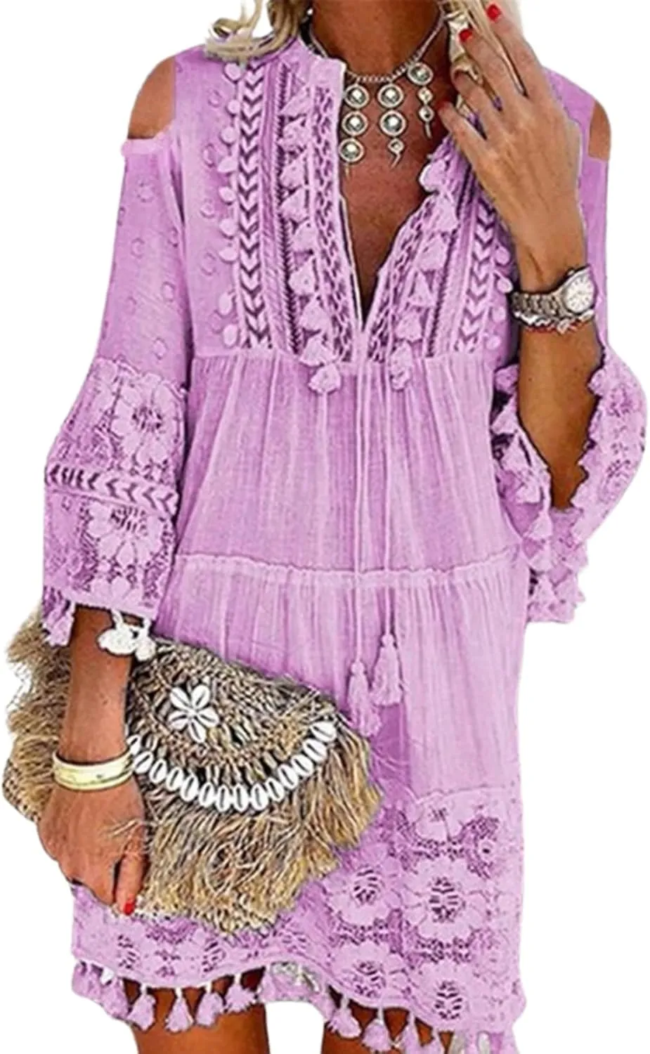 Women's Cold Shoulder Boho Dress Floral Embroidery Lace V-Neck 3/4 Sleeve Summer Loose Beach Sundress