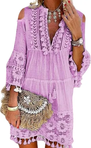 Women's Cold Shoulder Boho Dress Floral Embroidery Lace V-Neck 3/4 Sleeve Summer Loose Beach Sundress