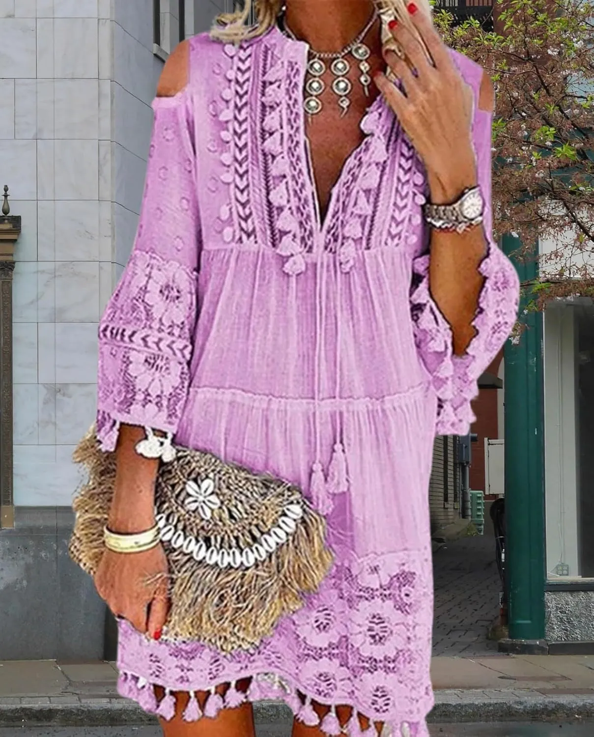 Women's Cold Shoulder Boho Dress Floral Embroidery Lace V-Neck 3/4 Sleeve Summer Loose Beach Sundress