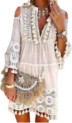 Women's Cold Shoulder Boho Dress Floral Embroidery Lace V-Neck 3/4 Sleeve Summer Loose Beach Sundress