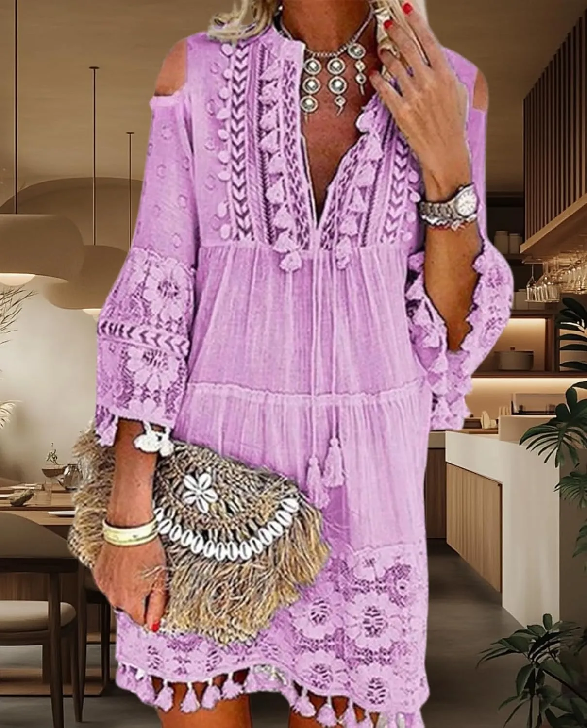 Women's Cold Shoulder Boho Dress Floral Embroidery Lace V-Neck 3/4 Sleeve Summer Loose Beach Sundress
