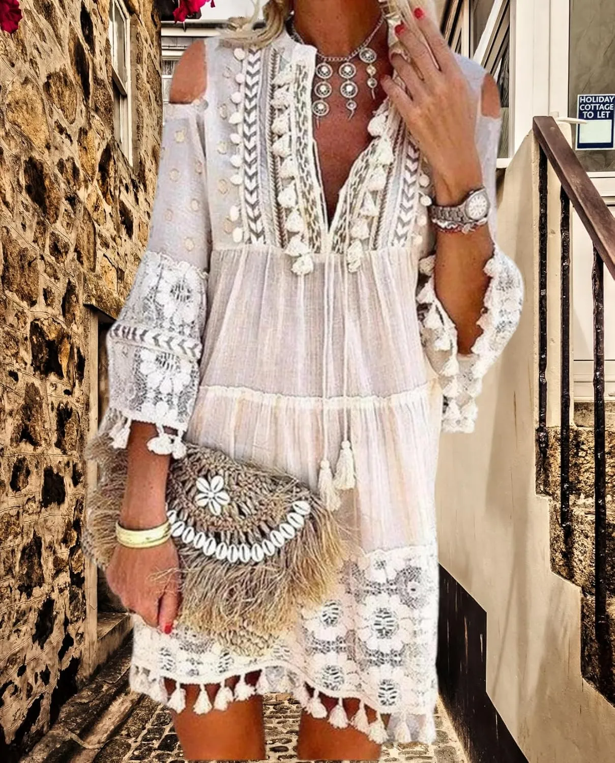 Women's Cold Shoulder Boho Dress Floral Embroidery Lace V-Neck 3/4 Sleeve Summer Loose Beach Sundress