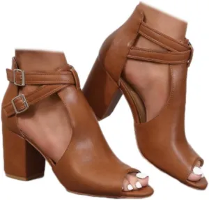Women's Dress Booties Summer Cut Out Chunky Heeled Sandals Ankle Buckle Strap Peep Toe Boots