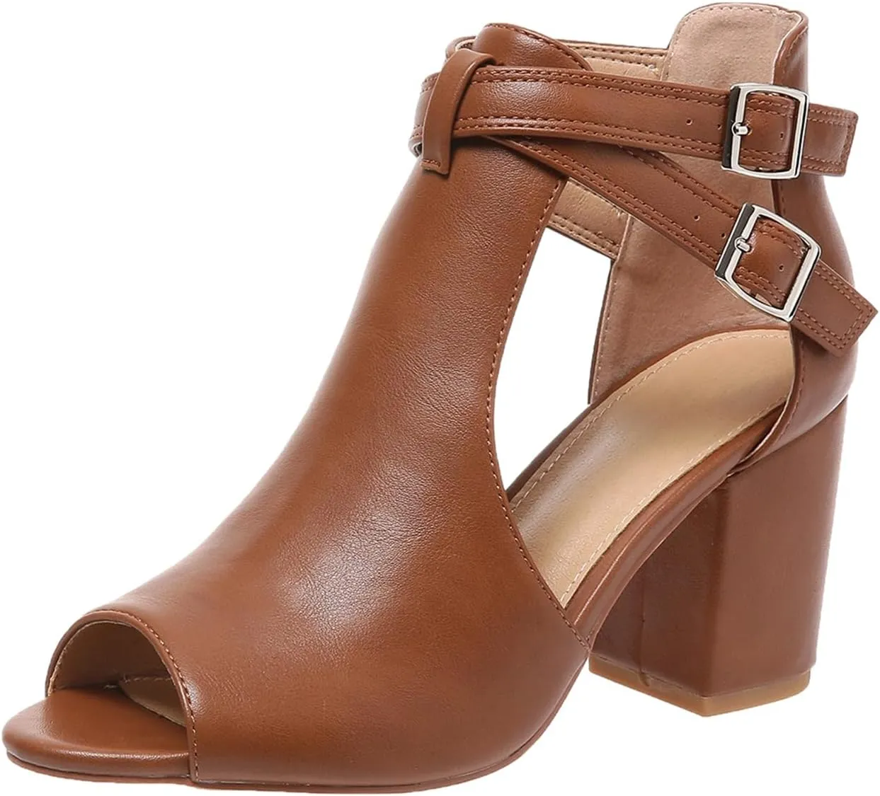Women's Dress Booties Summer Cut Out Chunky Heeled Sandals Ankle Buckle Strap Peep Toe Boots