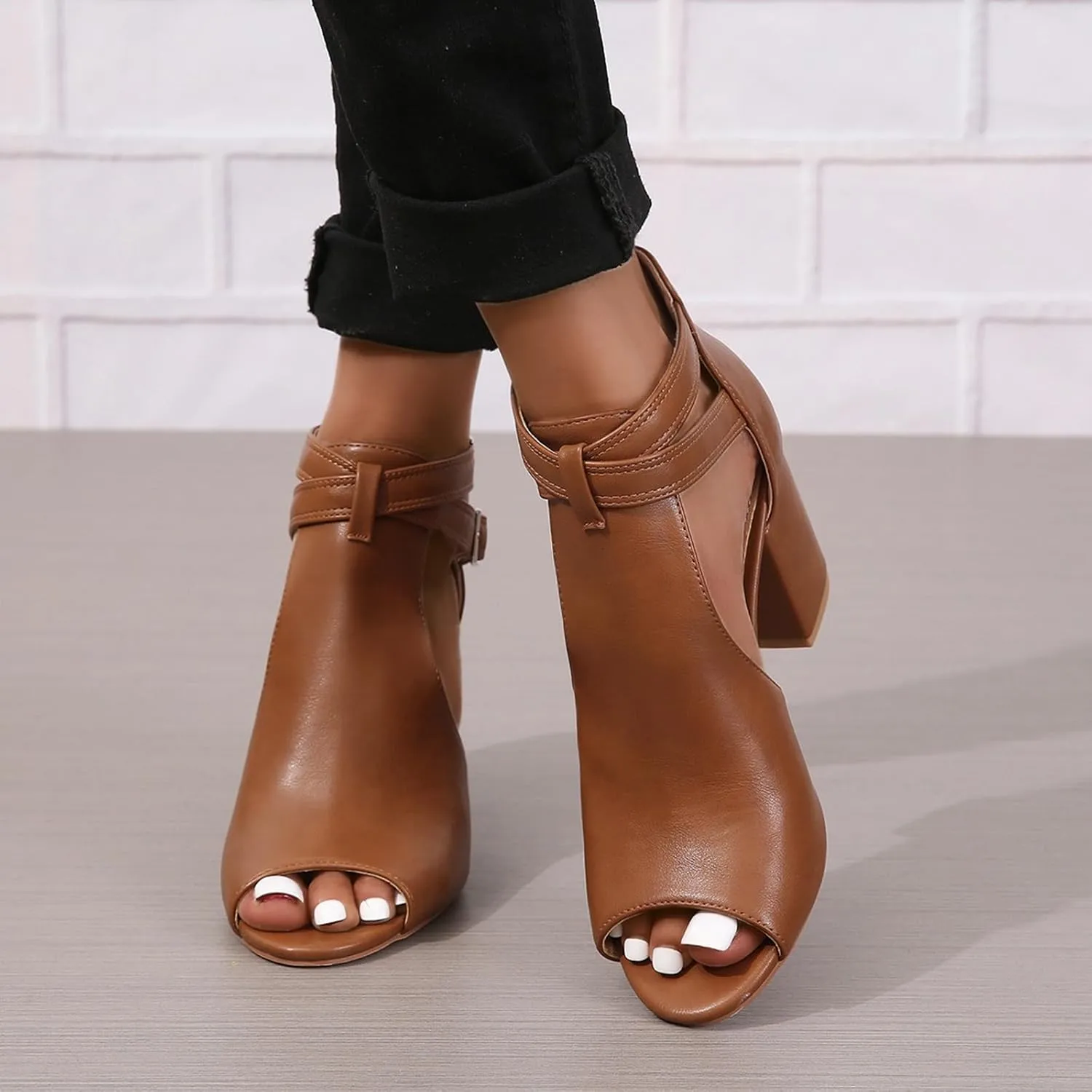 Women's Dress Booties Summer Cut Out Chunky Heeled Sandals Ankle Buckle Strap Peep Toe Boots