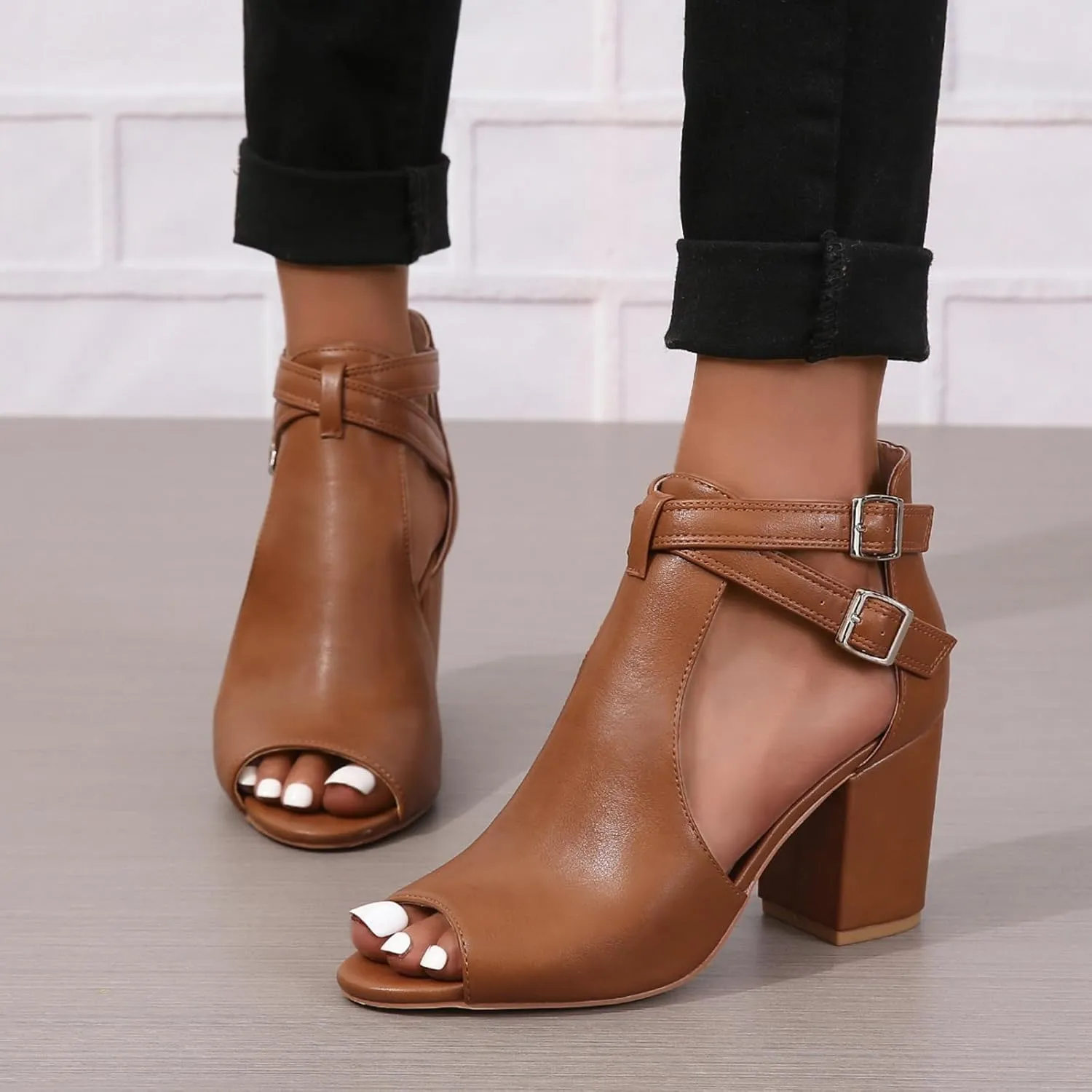 Women's Dress Booties Summer Cut Out Chunky Heeled Sandals Ankle Buckle Strap Peep Toe Boots