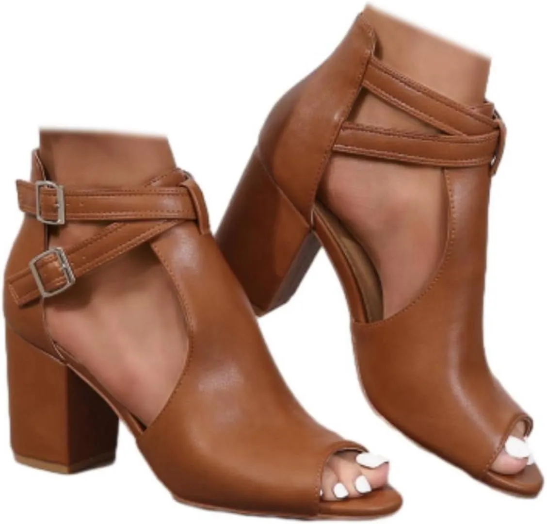 Women's Dress Booties Summer Cut Out Chunky Heeled Sandals Ankle Buckle Strap Peep Toe Boots