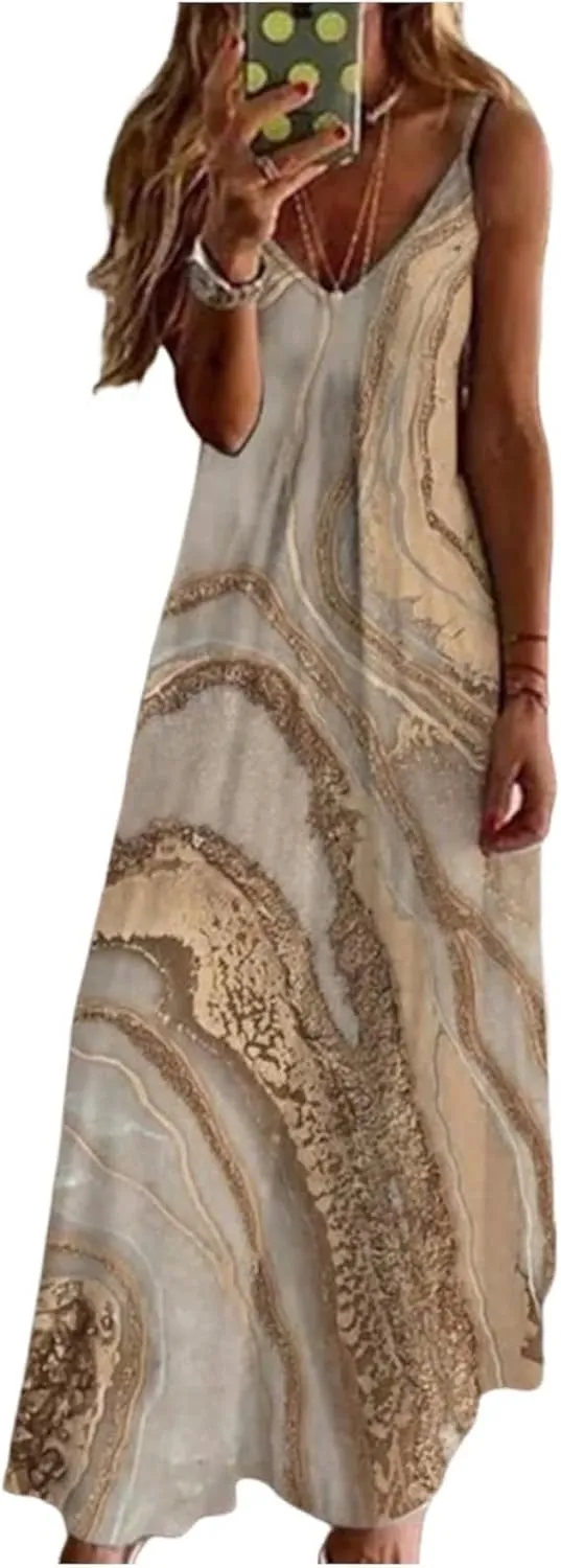 Women's Dresses Sophisticated Spaghetti Straps Sleeveless Dress Print Shift Maxi Dress Lazy Style Dresses