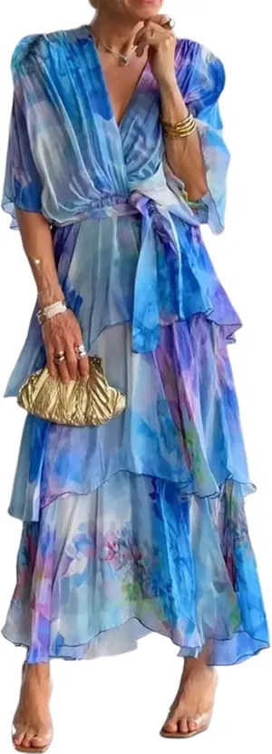 Womens Elegant Watercolor Print Ruffle Tiered Layered Maxi Dress Casual V Neck Flutter Short Sleeve Flowy Dresses