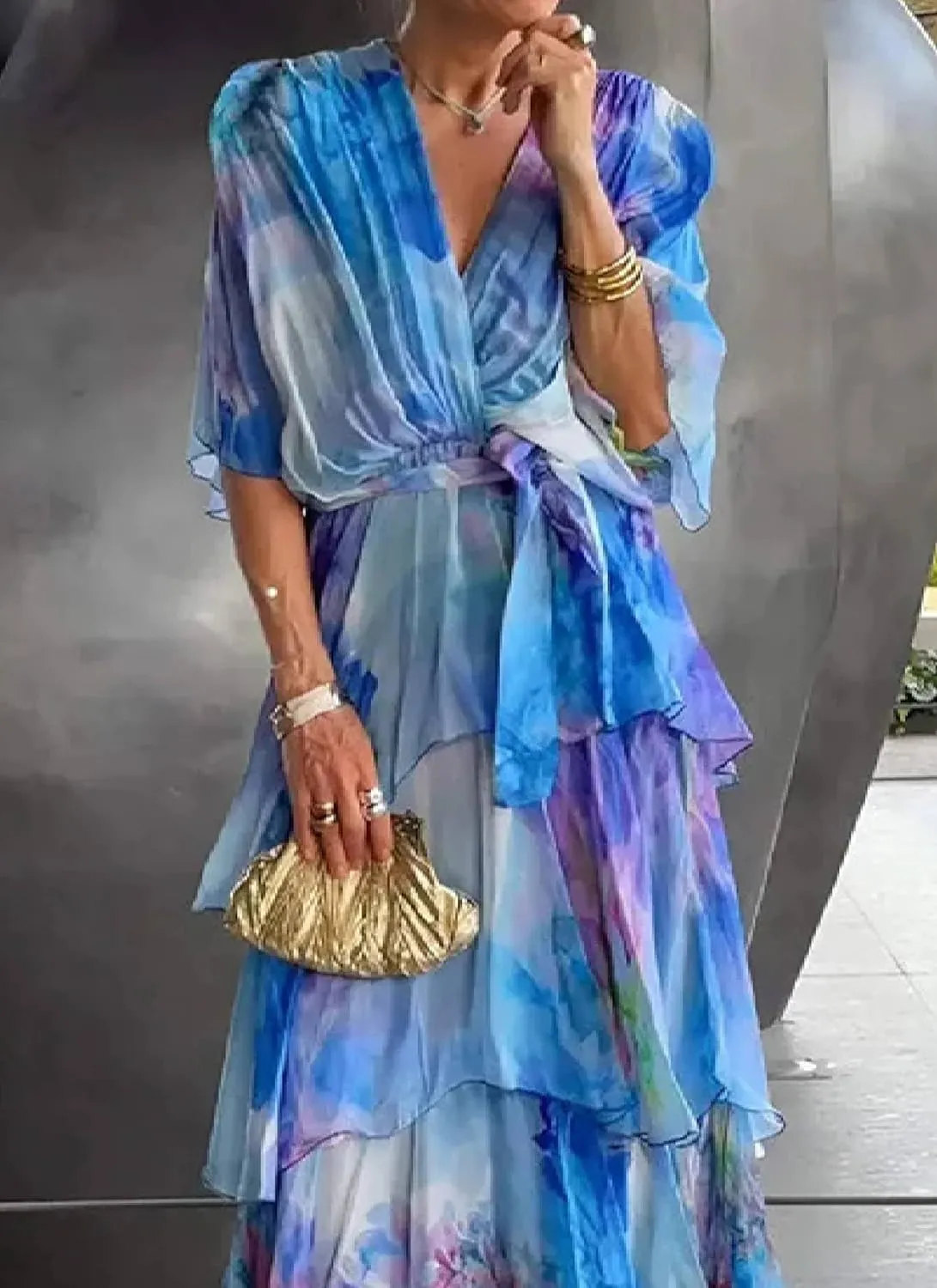 Womens Elegant Watercolor Print Ruffle Tiered Layered Maxi Dress Casual V Neck Flutter Short Sleeve Flowy Dresses