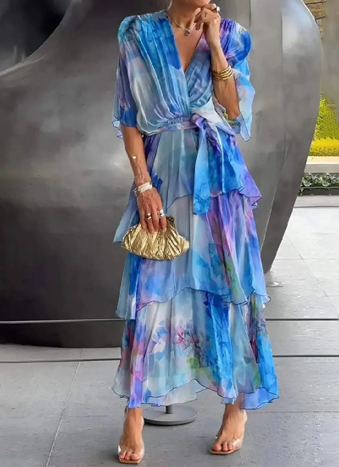 Womens Elegant Watercolor Print Ruffle Tiered Layered Maxi Dress Casual V Neck Flutter Short Sleeve Flowy Dresses