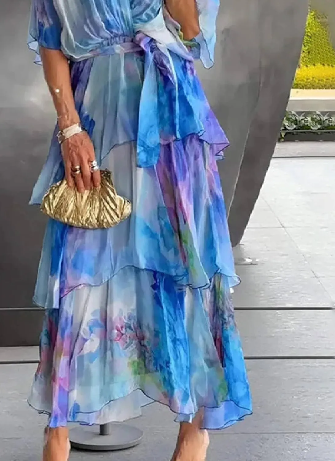 Womens Elegant Watercolor Print Ruffle Tiered Layered Maxi Dress Casual V Neck Flutter Short Sleeve Flowy Dresses