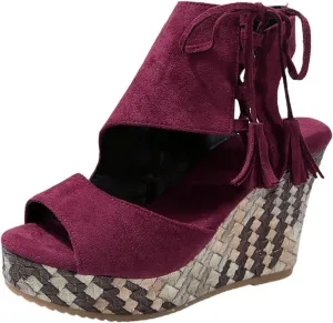 Women's Fashion Bohemian Tassel Sandals Toe Lace Up Summer Straw Heel High Sandals Flat Strap