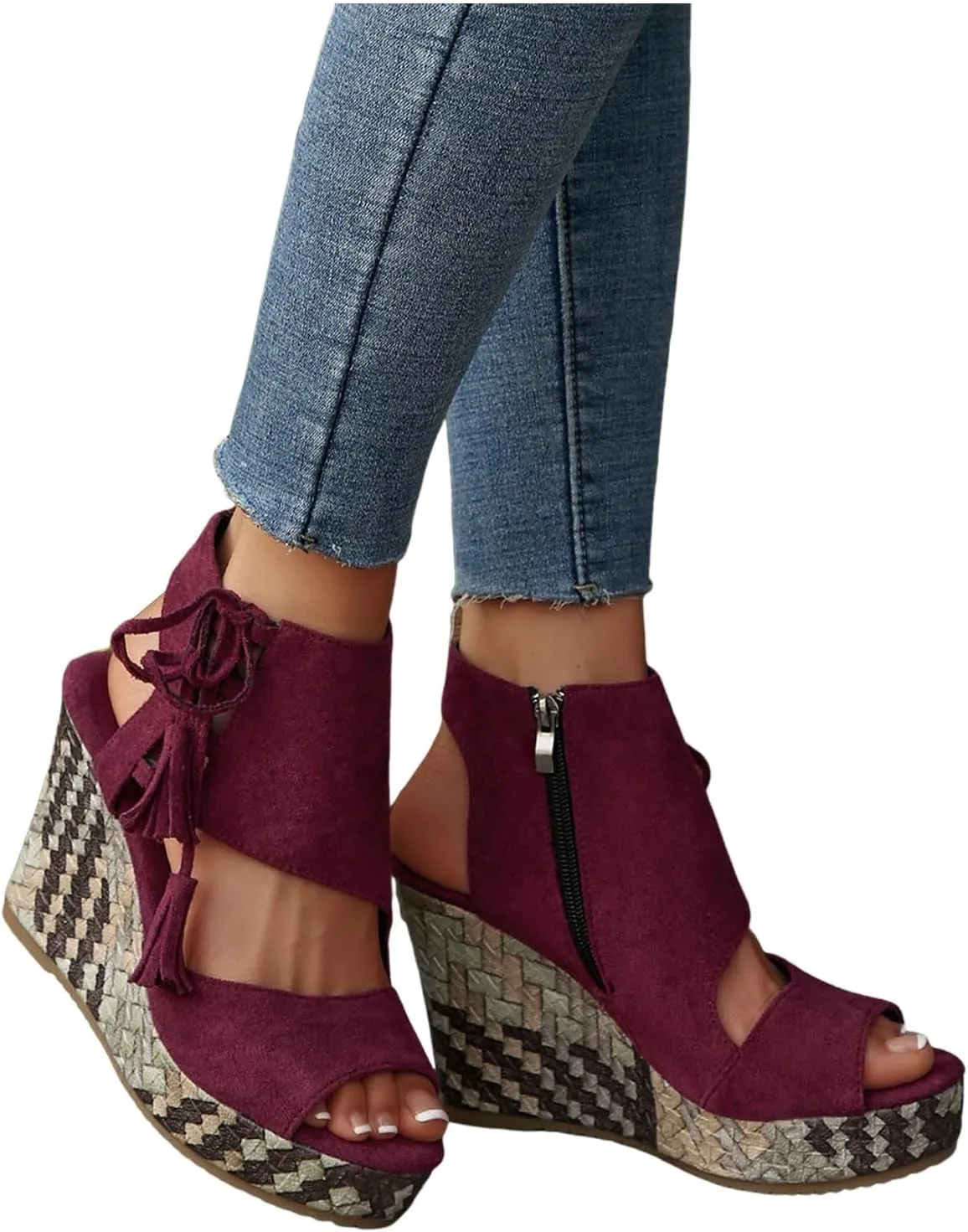 Women's Fashion Bohemian Tassel Sandals Toe Lace Up Summer Straw Heel High Sandals Flat Strap