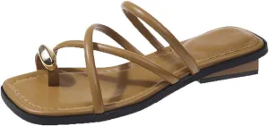 Women's Fashion Leather Strappy Metal Decoration Toe Ring Slippers Square Open Toe Slip-On Flat Clip Toe Sandals Slides Summer Casual Beach Walking Slides