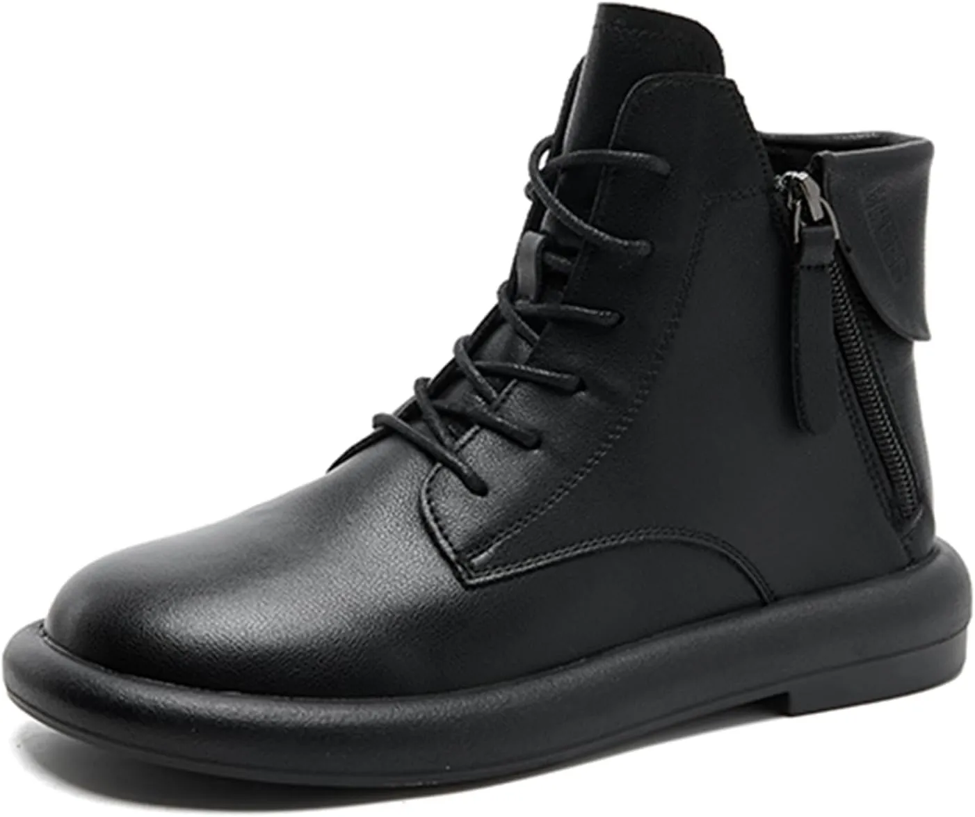 Women's Genuine Leather Flat Ankle Boots Retro Plush Lining Round Toe Lace Up Side Zipper Soft Sole Casual Booties Comfortable Lightweight Short Booties