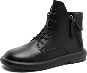 Women's Genuine Leather Flat Ankle Boots Retro Plush Lining Round Toe Lace Up Side Zipper Soft Sole Casual Booties Comfortable Lightweight Short Booties