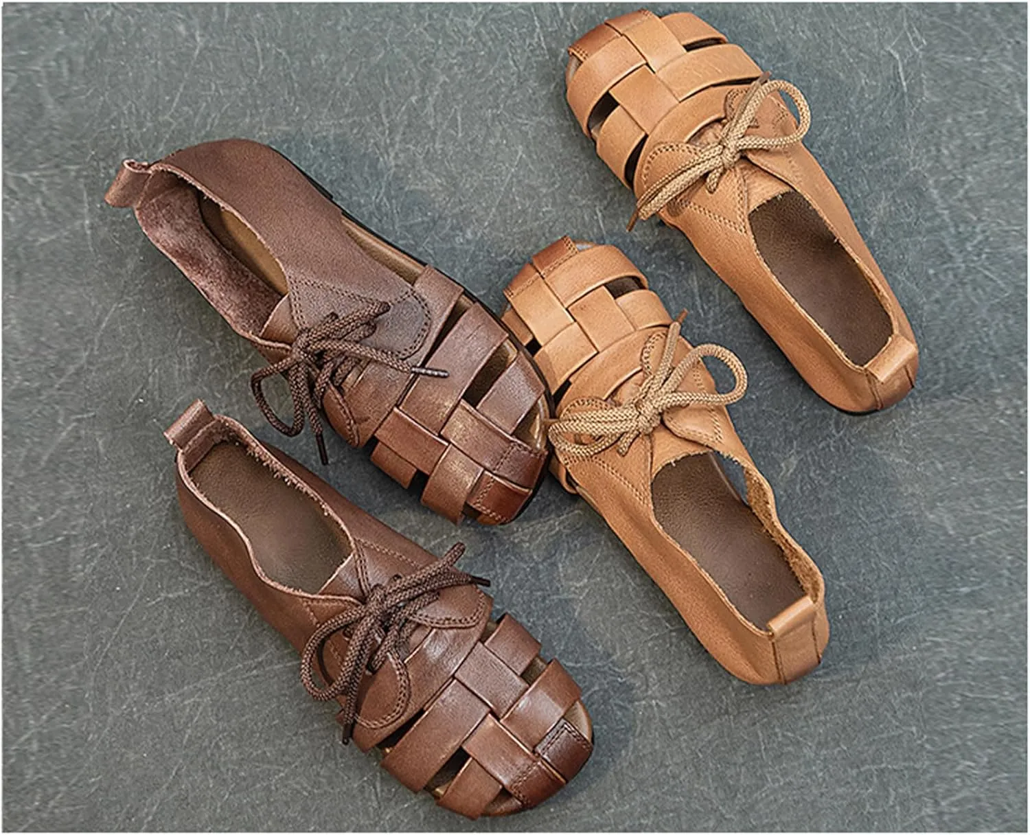 Womens Genuine Leather Hollow Lace up Fisherman Sandals Outdoor Non-SlipComfortable Slip On Baotou Soft Sole Breathable Gladiator Sandals Casual Walking Braid Flats Loafers