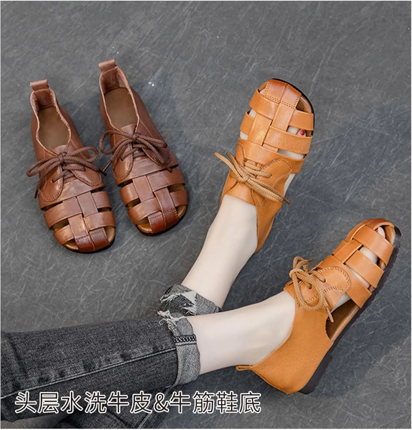 Womens Genuine Leather Hollow Lace up Fisherman Sandals Outdoor Non-SlipComfortable Slip On Baotou Soft Sole Breathable Gladiator Sandals Casual Walking Braid Flats Loafers