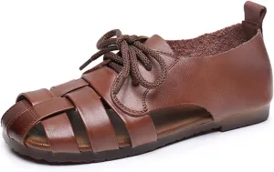 Womens Genuine Leather Hollow Lace up Fisherman Sandals Outdoor Non-SlipComfortable Slip On Baotou Soft Sole Breathable Gladiator Sandals Casual Walking Braid Flats Loafers