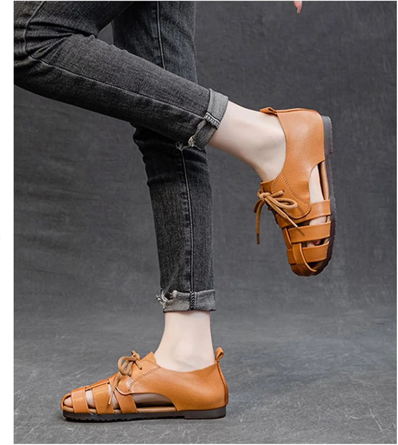 Womens Genuine Leather Hollow Lace up Fisherman Sandals Outdoor Non-SlipComfortable Slip On Baotou Soft Sole Breathable Gladiator Sandals Casual Walking Braid Flats Loafers