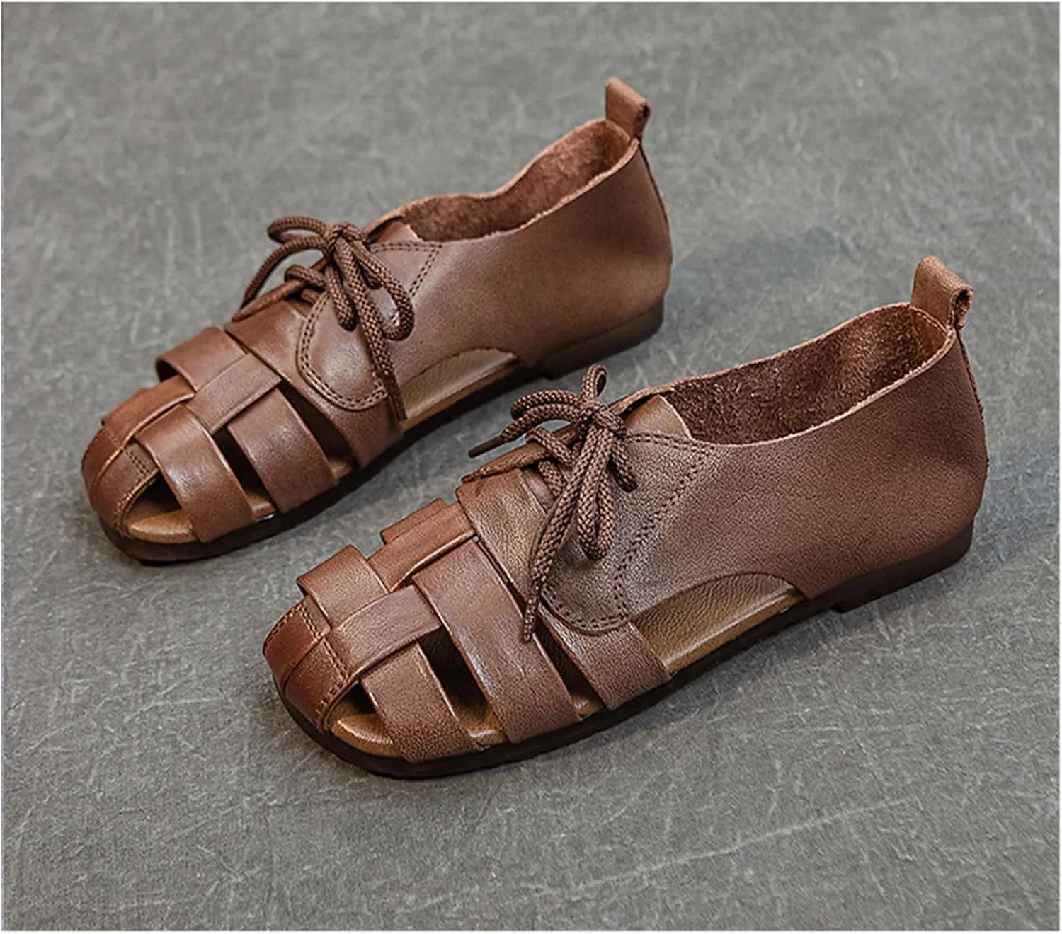 Womens Genuine Leather Hollow Lace up Fisherman Sandals Outdoor Non-SlipComfortable Slip On Baotou Soft Sole Breathable Gladiator Sandals Casual Walking Braid Flats Loafers