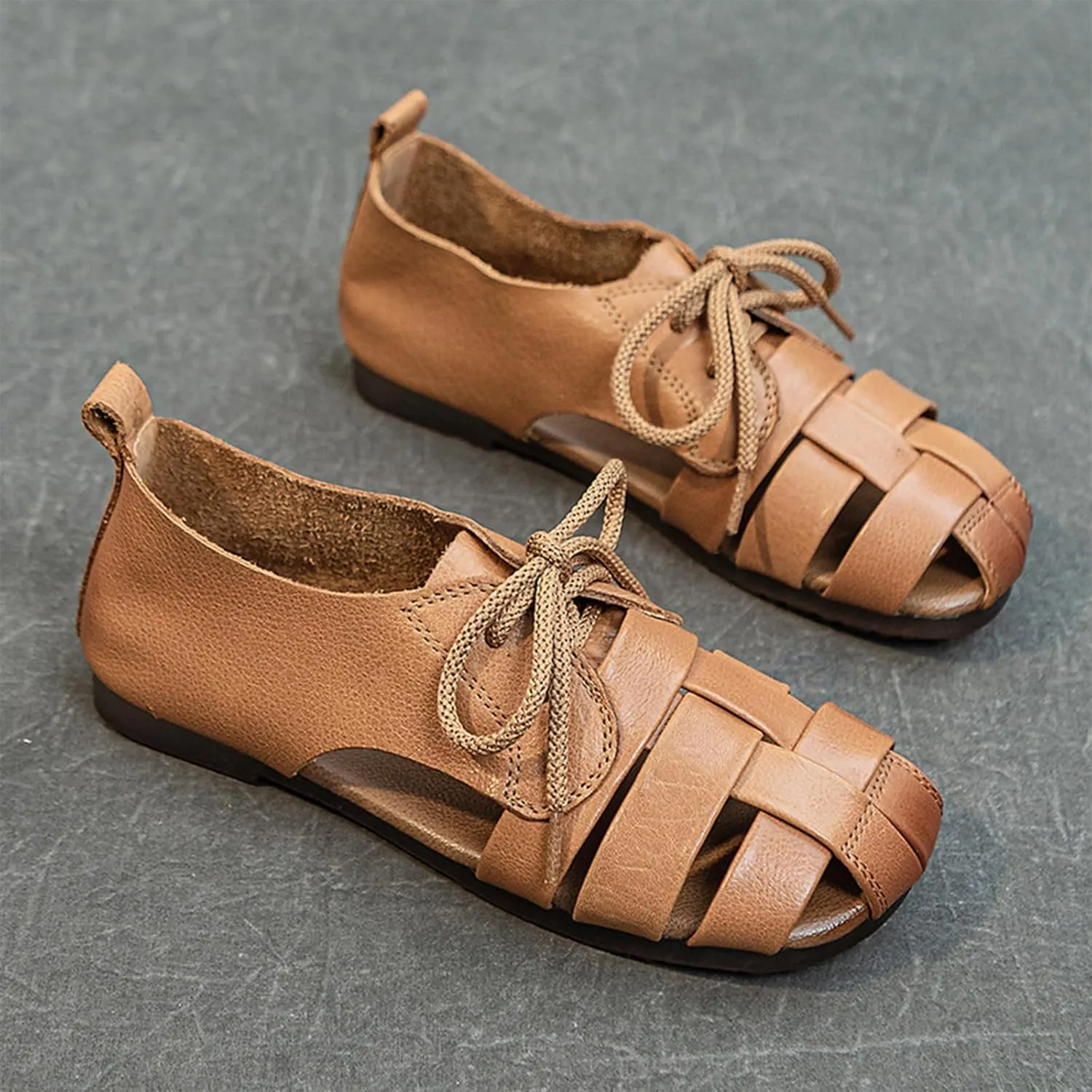 Womens Genuine Leather Hollow Lace up Fisherman Sandals Outdoor Non-SlipComfortable Slip On Baotou Soft Sole Breathable Gladiator Sandals Casual Walking Braid Flats Loafers