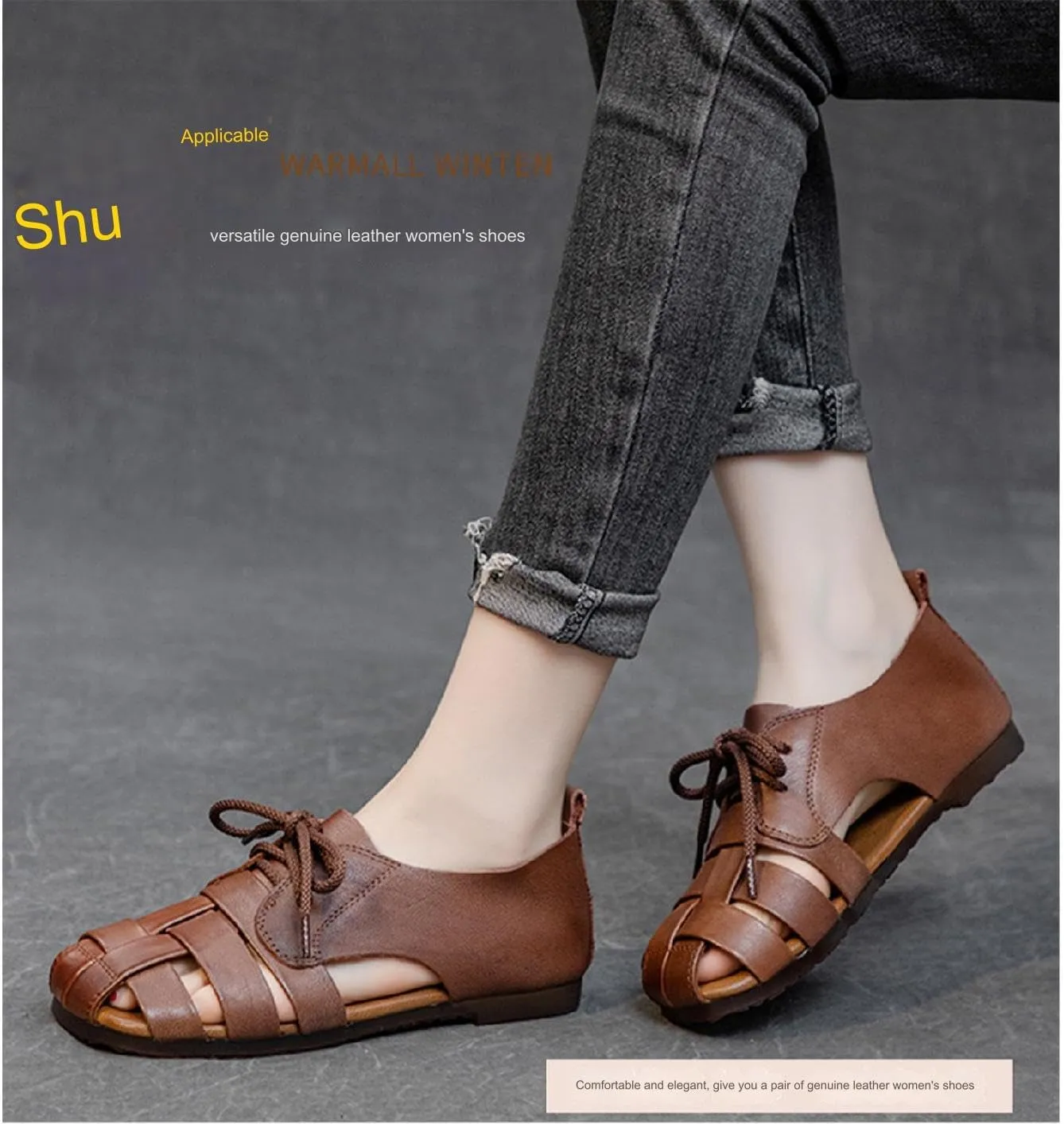 Womens Genuine Leather Hollow Lace up Fisherman Sandals Outdoor Non-SlipComfortable Slip On Baotou Soft Sole Breathable Gladiator Sandals Casual Walking Braid Flats Loafers