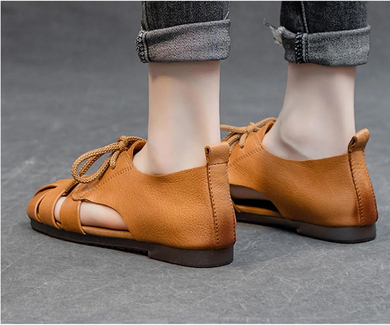 Womens Genuine Leather Hollow Lace up Fisherman Sandals Outdoor Non-SlipComfortable Slip On Baotou Soft Sole Breathable Gladiator Sandals Casual Walking Braid Flats Loafers