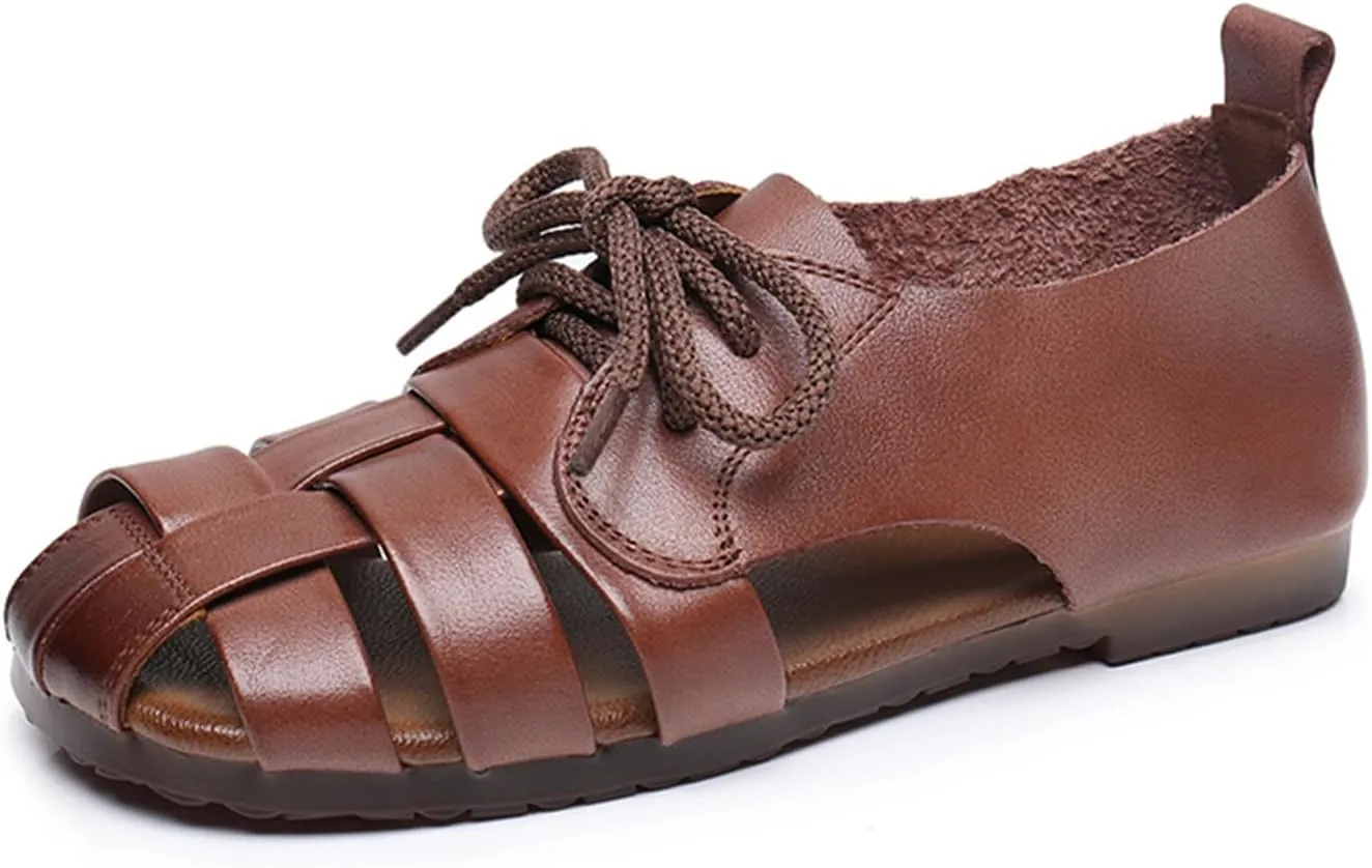 Womens Genuine Leather Hollow Lace up Fisherman Sandals Outdoor Non-SlipComfortable Slip On Baotou Soft Sole Breathable Gladiator Sandals Casual Walking Braid Flats Loafers
