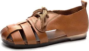 Womens Genuine Leather Hollow Lace up Fisherman Sandals Outdoor Non-SlipComfortable Slip On Baotou Soft Sole Breathable Gladiator Sandals Casual Walking Braid Flats Loafers