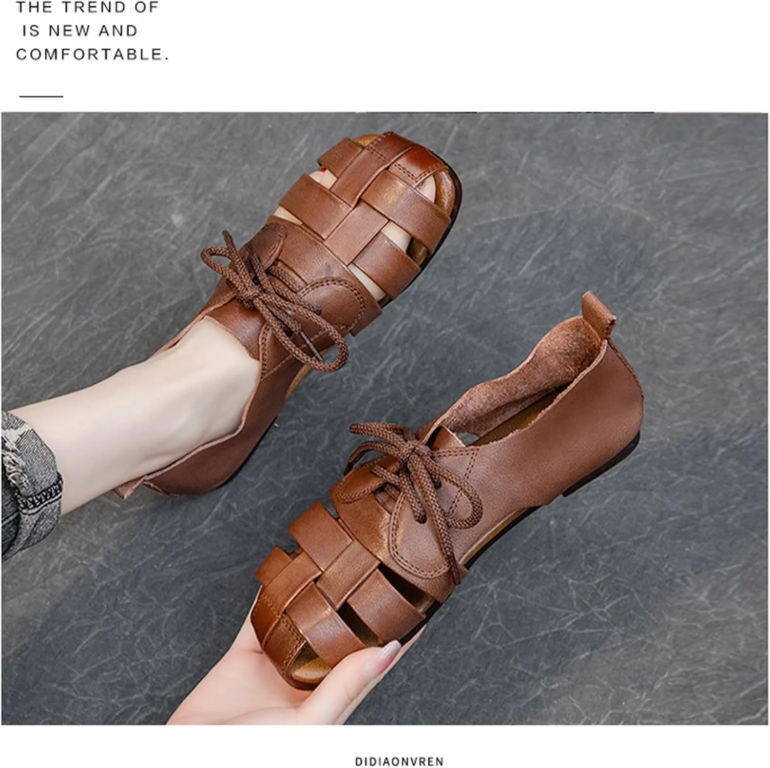Womens Genuine Leather Hollow Lace up Fisherman Sandals Outdoor Non-SlipComfortable Slip On Baotou Soft Sole Breathable Gladiator Sandals Casual Walking Braid Flats Loafers
