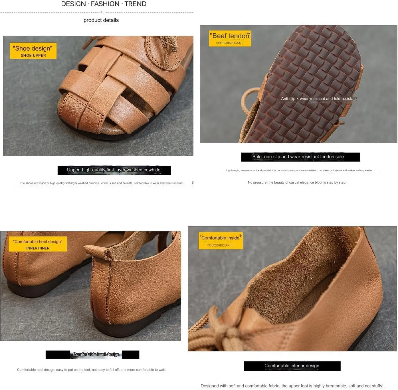 Womens Genuine Leather Hollow Lace up Fisherman Sandals Outdoor Non-SlipComfortable Slip On Baotou Soft Sole Breathable Gladiator Sandals Casual Walking Braid Flats Loafers