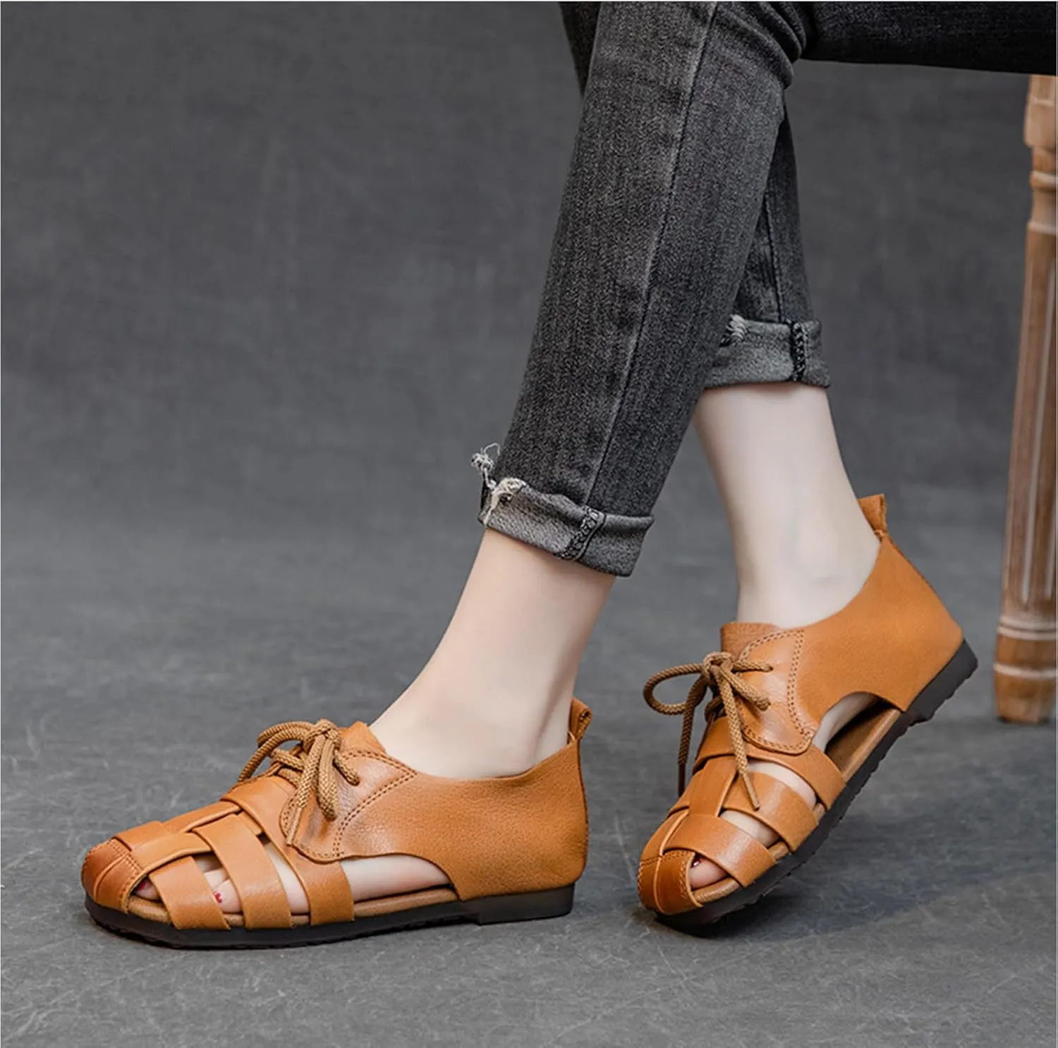 Womens Genuine Leather Hollow Lace up Fisherman Sandals Outdoor Non-SlipComfortable Slip On Baotou Soft Sole Breathable Gladiator Sandals Casual Walking Braid Flats Loafers