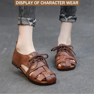 Women's Genuine Leather Lace up Hollow Fisherman Sandals Fashion Summer Soft Sole Flat Anti-Slip Closed Round Toe Gladiator Woven Comfortable Causal Walking Beach Sport Sandals