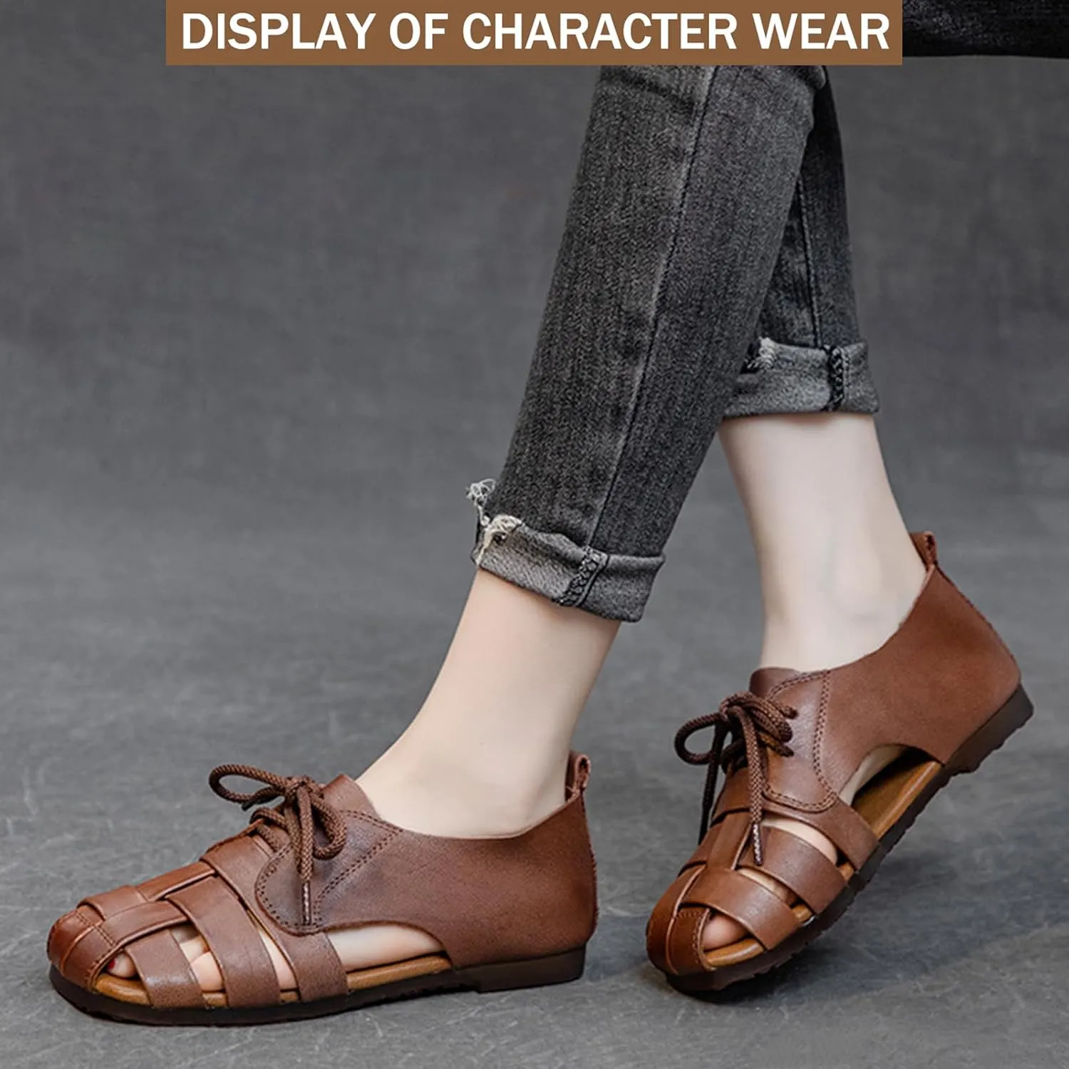 Women's Genuine Leather Lace up Hollow Fisherman Sandals Fashion Summer Soft Sole Flat Anti-Slip Closed Round Toe Gladiator Woven Comfortable Causal Walking Beach Sport Sandals