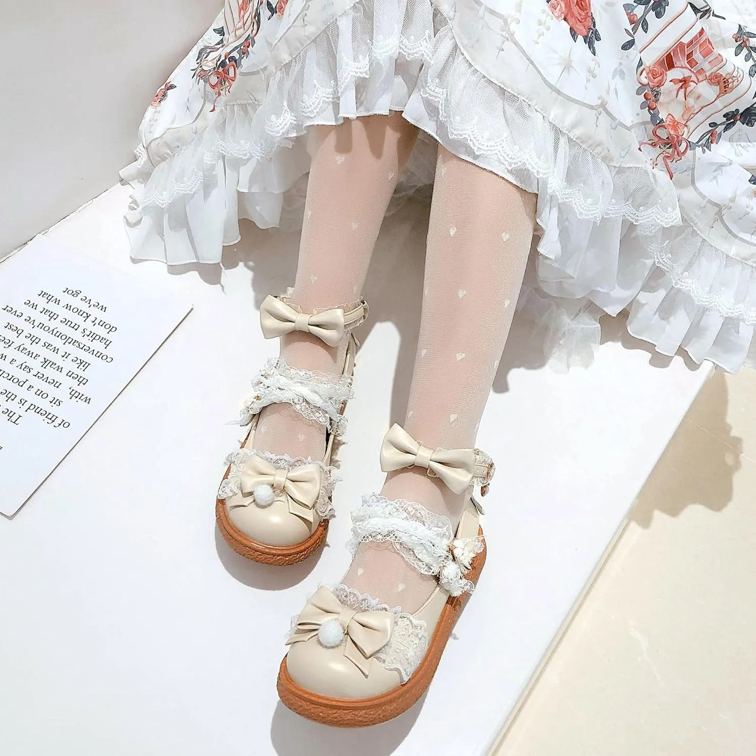 Women's Kawaii Low Wedge Heel Mary Jane Platform Lolita Shoes, Cute Round Toe Ankle Strap Buckle Mary Jane Flats, Sweet Dress Uniform Cosplay School Shoes with Bow