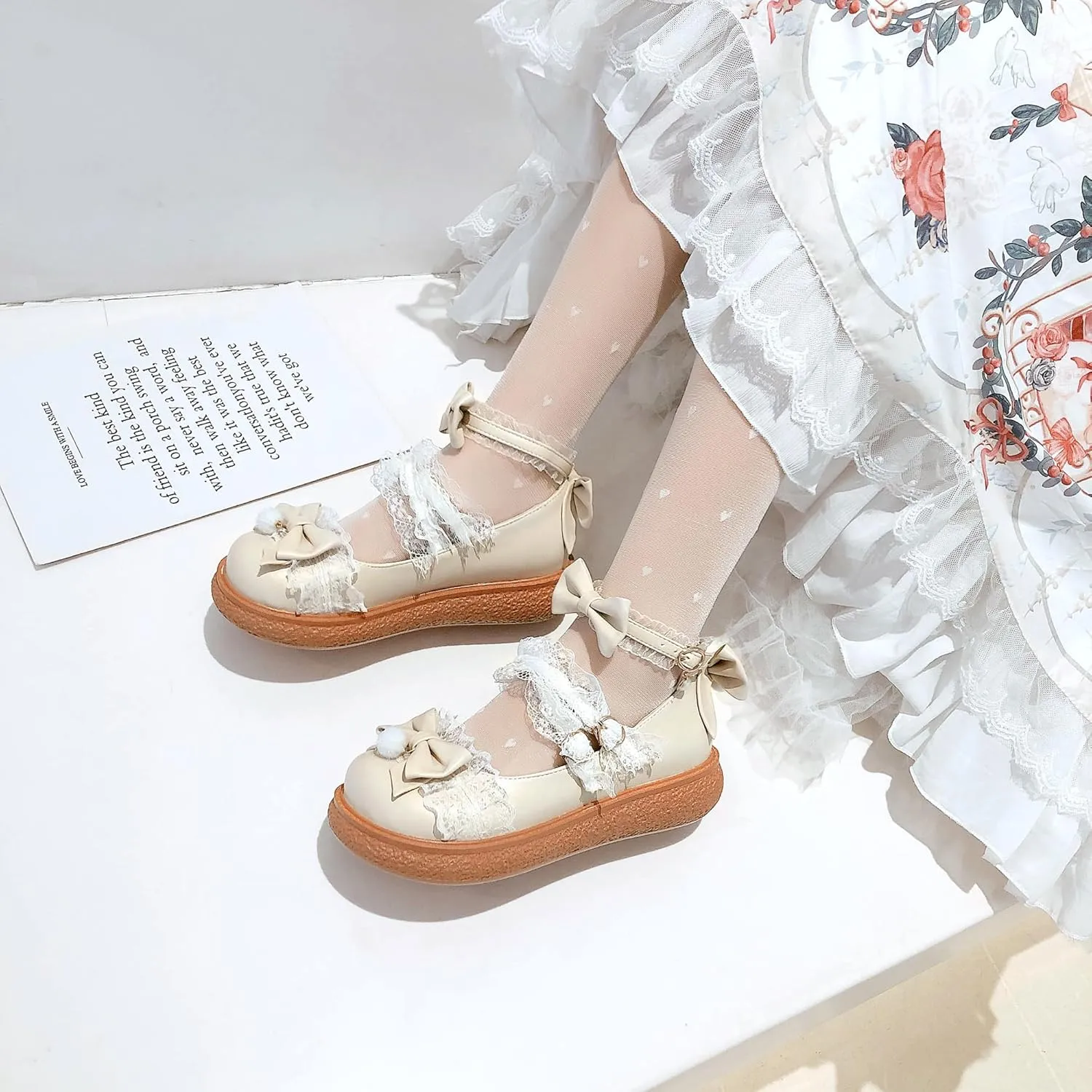 Women's Kawaii Low Wedge Heel Mary Jane Platform Lolita Shoes, Cute Round Toe Ankle Strap Buckle Mary Jane Flats, Sweet Dress Uniform Cosplay School Shoes with Bow