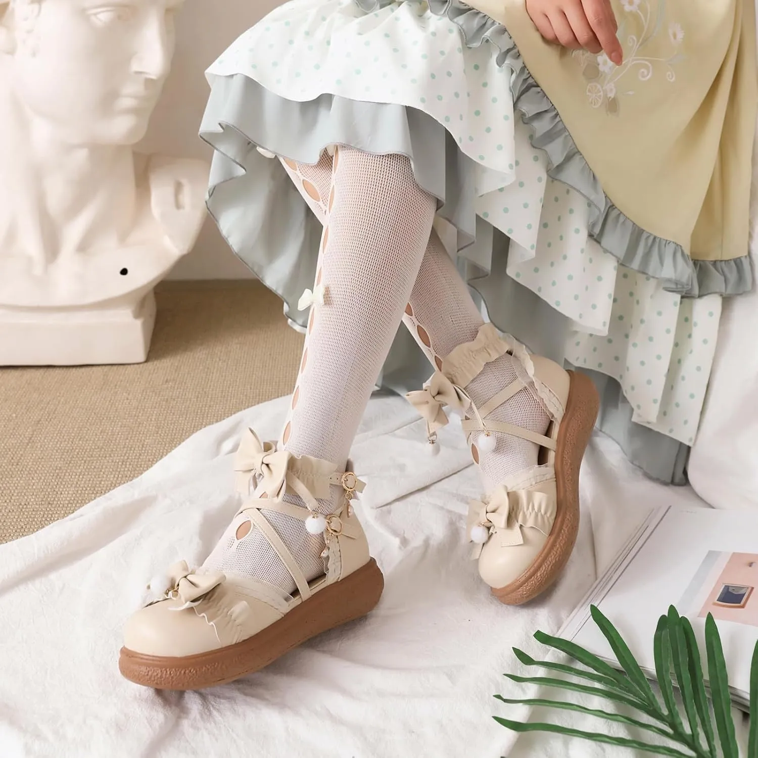 Women's Kawaii Low Wedge Heel Mary Jane Platform Lolita Shoes, Cute Round Toe Ankle Strap Buckle Mary Jane Flats, Sweet Dress Uniform Cosplay School Shoes with Bow
