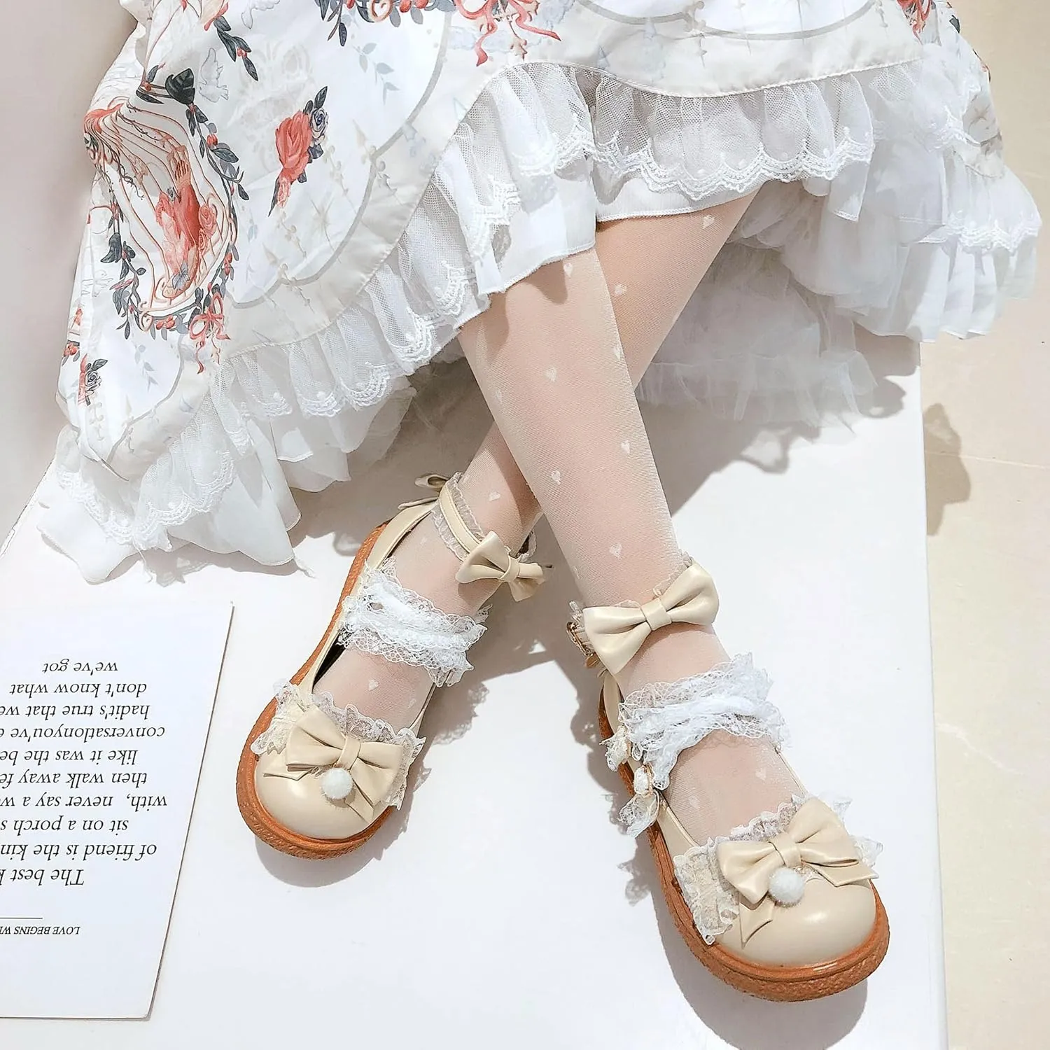 Women's Kawaii Low Wedge Heel Mary Jane Platform Lolita Shoes, Cute Round Toe Ankle Strap Buckle Mary Jane Flats, Sweet Dress Uniform Cosplay School Shoes with Bow