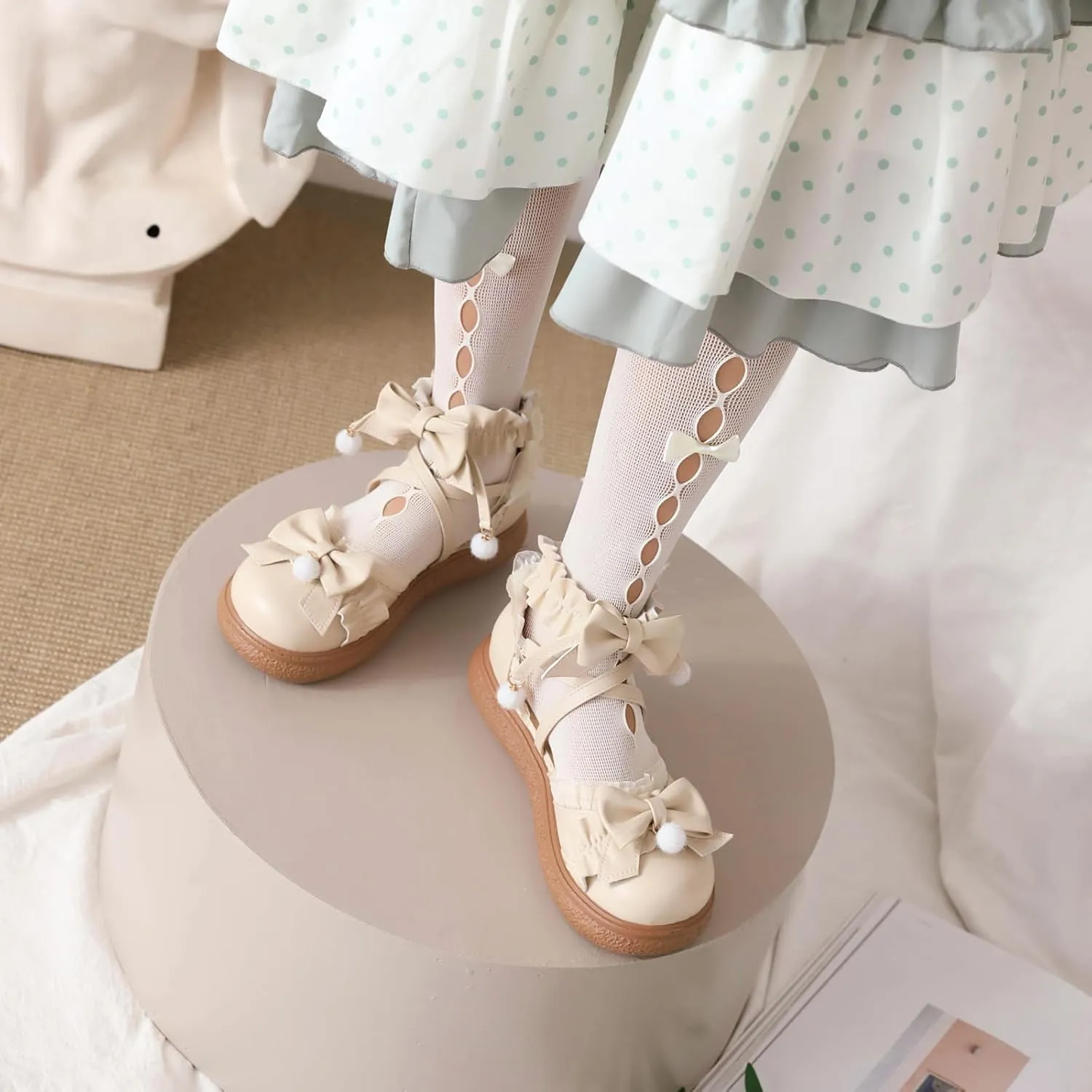 Women's Kawaii Low Wedge Heel Mary Jane Platform Lolita Shoes, Cute Round Toe Ankle Strap Buckle Mary Jane Flats, Sweet Dress Uniform Cosplay School Shoes with Bow