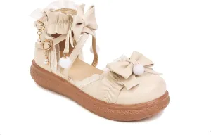 Women's Kawaii Low Wedge Heel Mary Jane Platform Lolita Shoes, Cute Round Toe Ankle Strap Buckle Mary Jane Flats, Sweet Dress Uniform Cosplay School Shoes with Bow