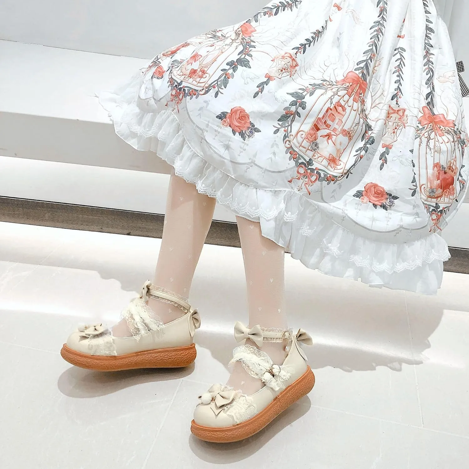 Women's Kawaii Low Wedge Heel Mary Jane Platform Lolita Shoes, Cute Round Toe Ankle Strap Buckle Mary Jane Flats, Sweet Dress Uniform Cosplay School Shoes with Bow