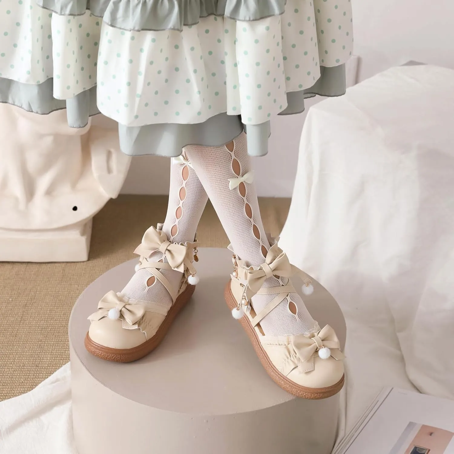 Women's Kawaii Low Wedge Heel Mary Jane Platform Lolita Shoes, Cute Round Toe Ankle Strap Buckle Mary Jane Flats, Sweet Dress Uniform Cosplay School Shoes with Bow
