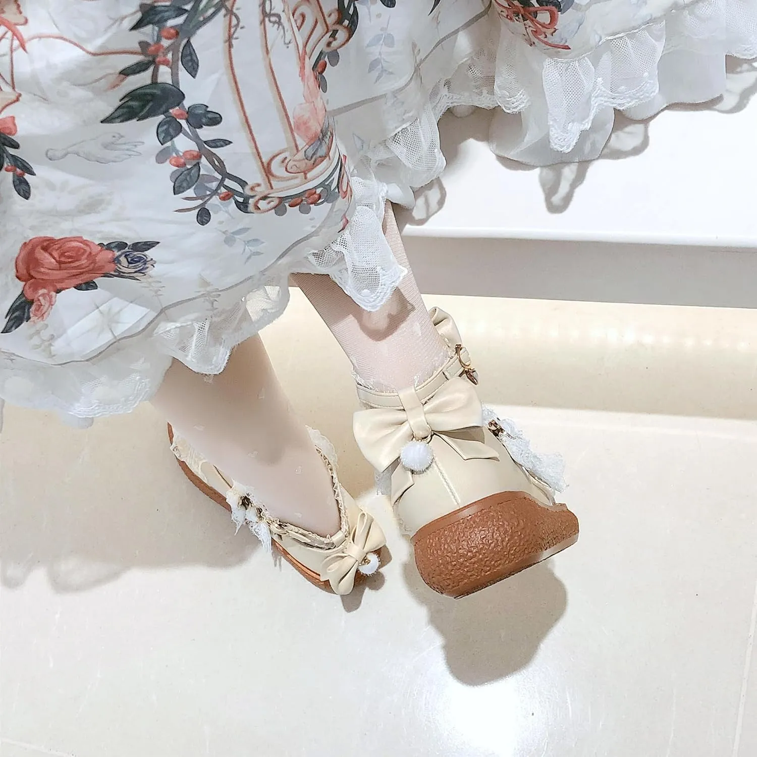 Women's Kawaii Low Wedge Heel Mary Jane Platform Lolita Shoes, Cute Round Toe Ankle Strap Buckle Mary Jane Flats, Sweet Dress Uniform Cosplay School Shoes with Bow