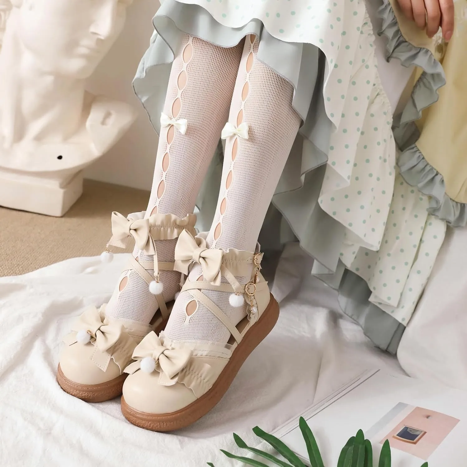 Women's Kawaii Low Wedge Heel Mary Jane Platform Lolita Shoes, Cute Round Toe Ankle Strap Buckle Mary Jane Flats, Sweet Dress Uniform Cosplay School Shoes with Bow